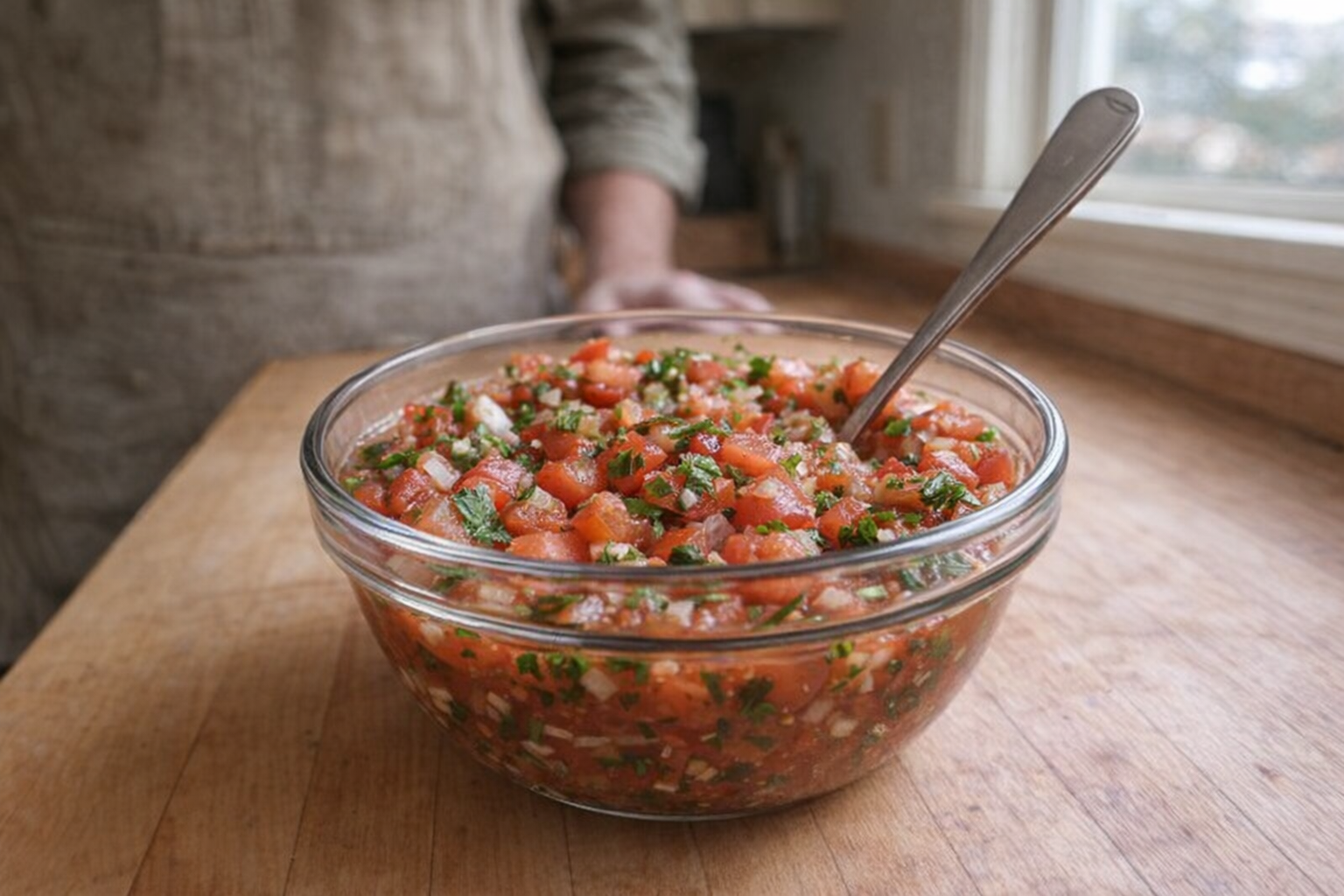 A medium-sized glass bowl filled with vibrant tomato salsa, spoon resting inside, ready to serve, natural light from a window